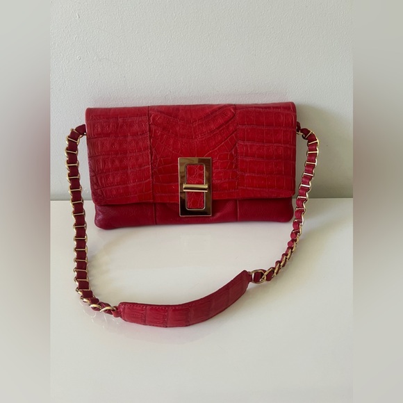 New PAOLA DANGOND Genuine Crocodile Chain Strap Shoulder Bag Handbag, Red - Picture 5 of 10